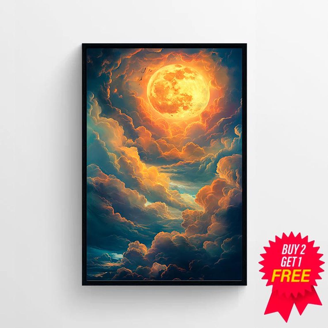 Full Golden Moon Glowing In Fiery Orange Night Cloudscape Poster - Image 4