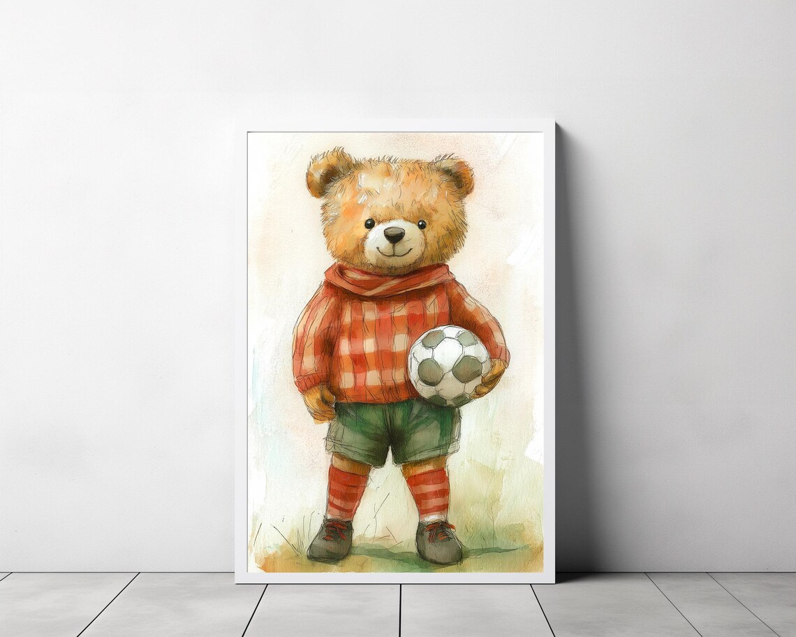 Teddy Bear in Red Plaid Sweater Holding a Soccer Ball Poster - Image 3