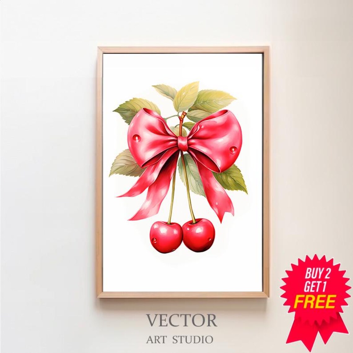 Cherry Wall Art Print Feminine Poster Trendy Wall Art Coquette Pink Bow Soft Girl Bedroom Decor Preppy College Apartment Print