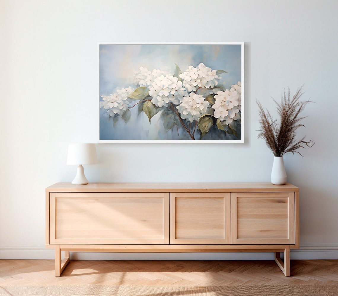 White Hydrangea Branch with Leaves on Blue Spring Botanical Art Poster - Image 2
