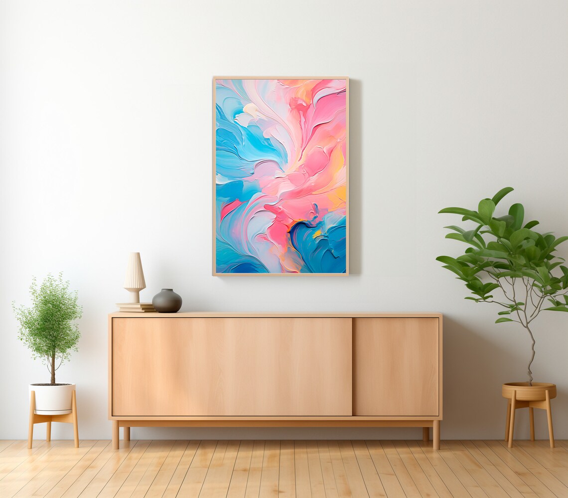 Pastel Pink and Aqua Floral Swirl Abstract Oil Painting Poster - Image 2