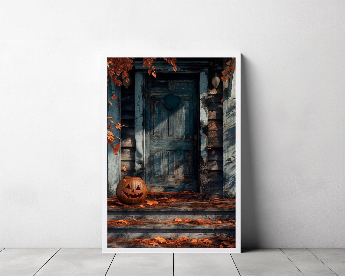 Creepy Blue Wooden Door with Big Jack-O-Lantern Fall Pumpkin Poster - Image 3