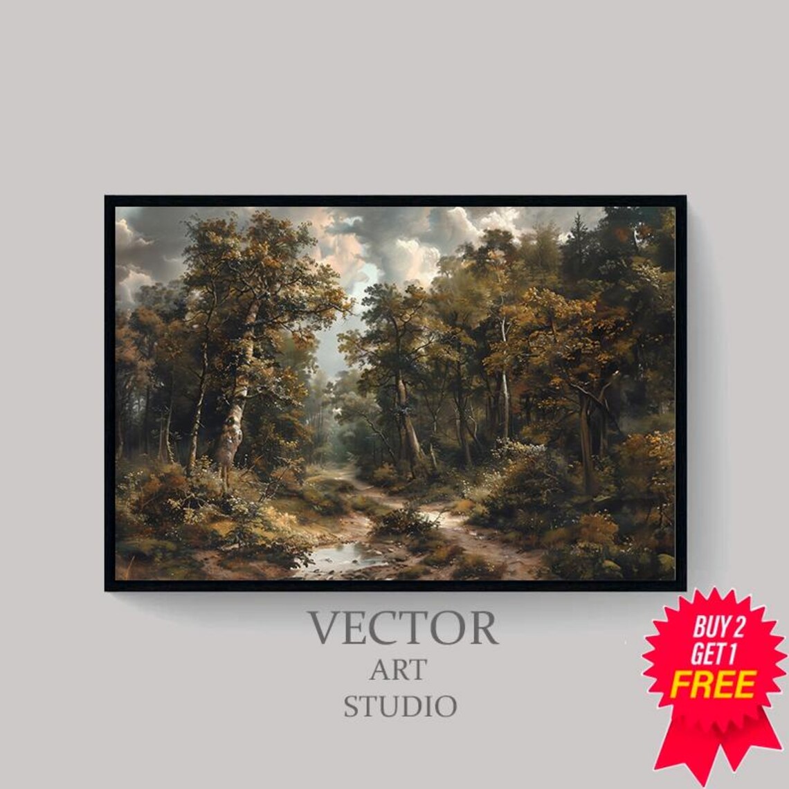 Classic Vintage Forest Path with a Sunlit Stream Oil Painting Poster - Image 4