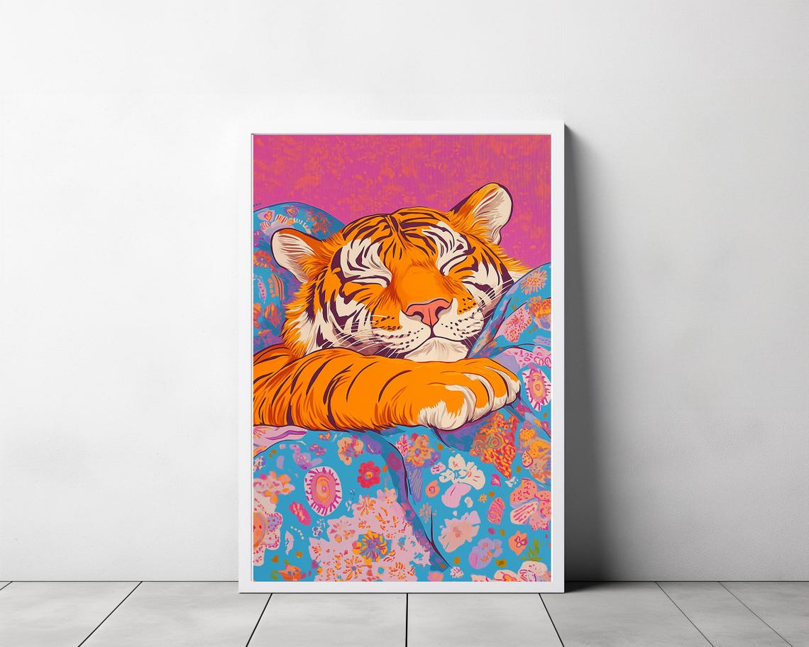 Sleeping Tiger Wrapped in a Colorful Patterned Blanket Pop Art Poster - Image 3