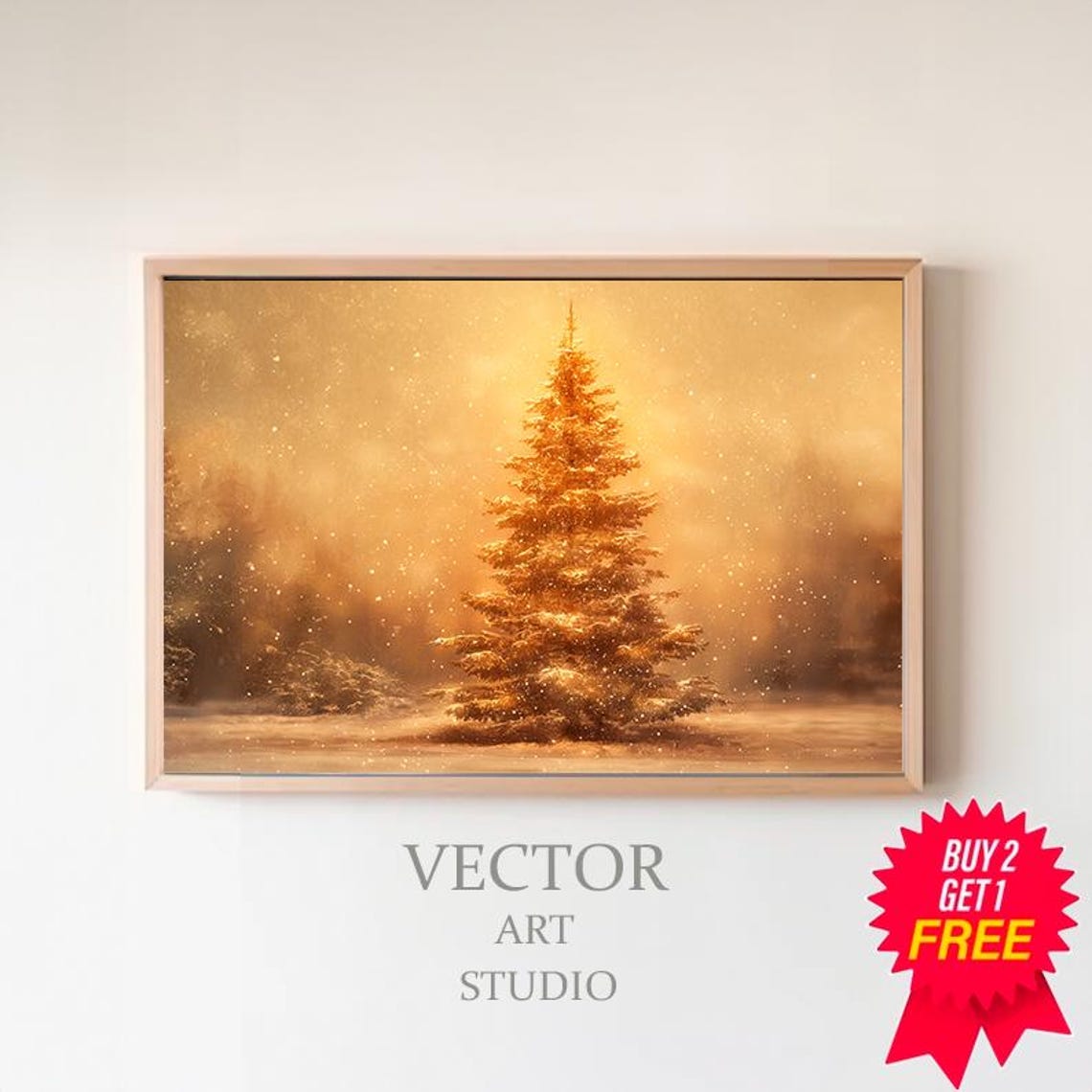 Glowing Golden Snowy Evergreen Tree Sunset Winter Scene Poster