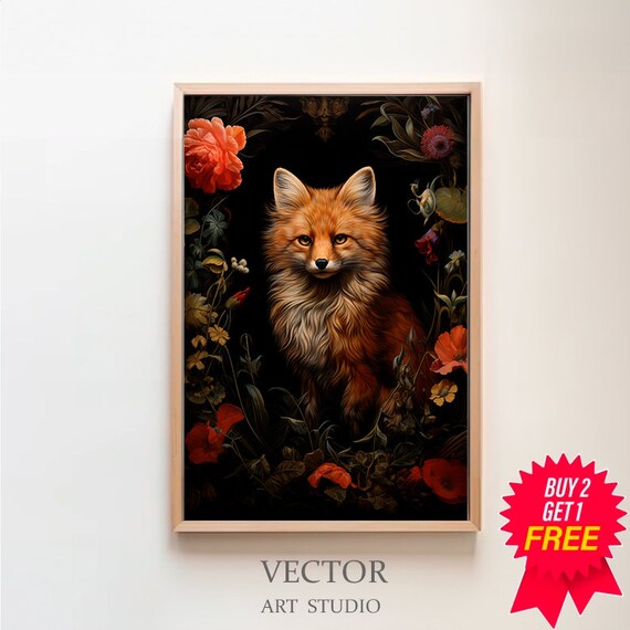 Red Fox Framed By Dark Floral Vines Moody Botanical Art Poster