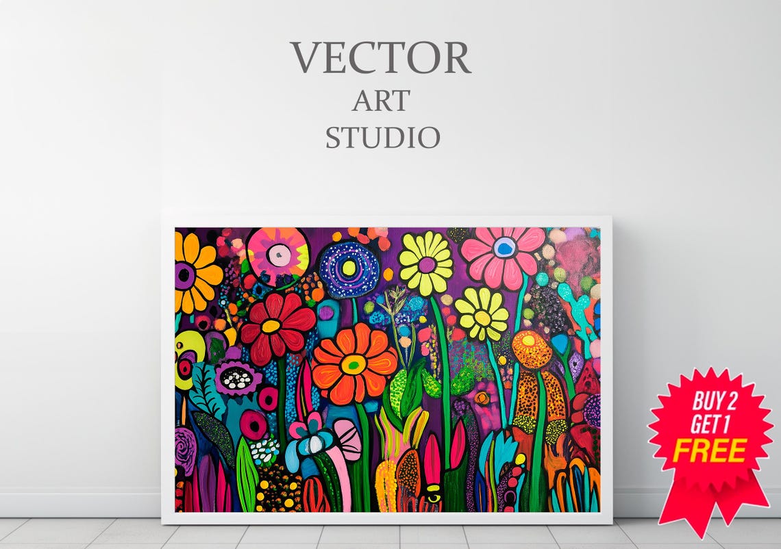 Vibrant Psychedelic Blossom Field Whimsical Folk Floral Poster - Image 3