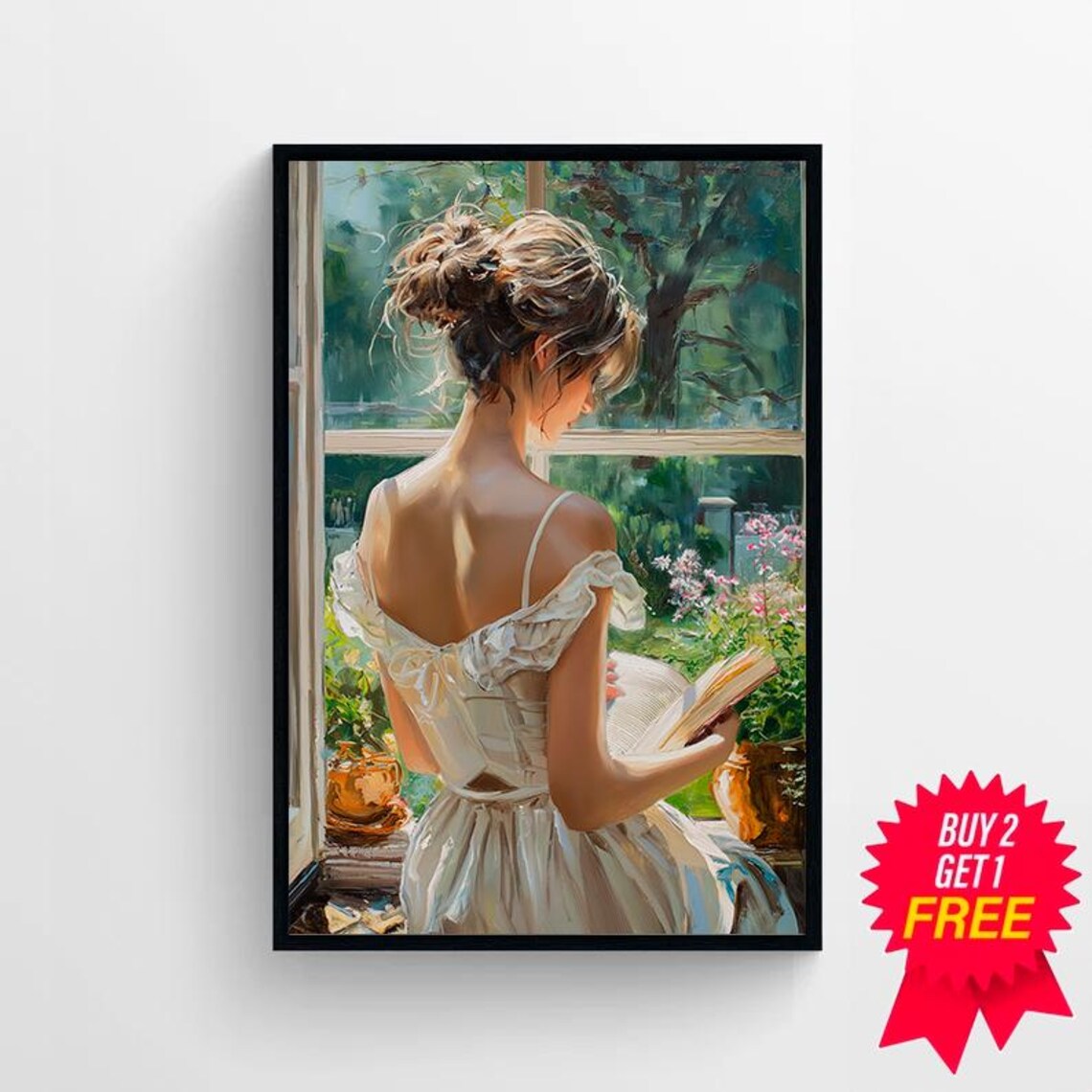 Woman Reading a Book at a Sunlit Garden Window Vintage Art Poster - Image 4