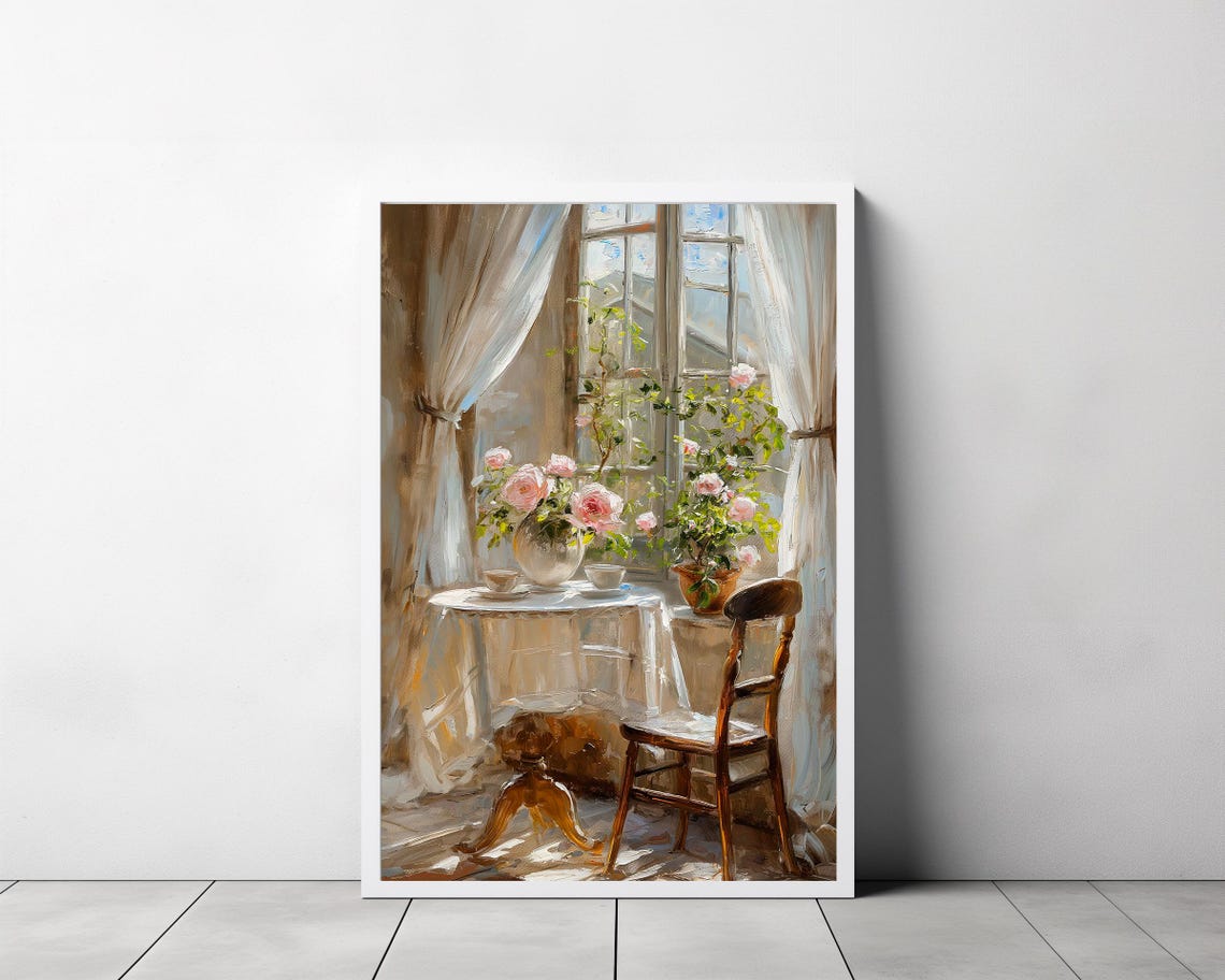 Sunlit Window with Roses a Table and a Chair Interior Poster - Image 3