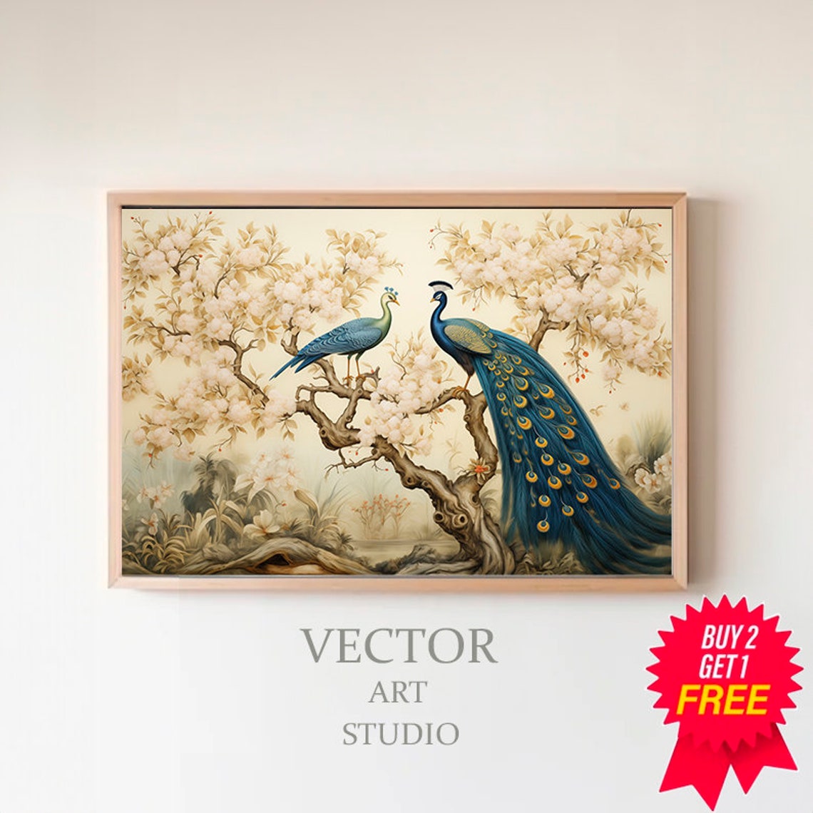 Peacock Pair Blooming Tree Facing Each Other Chinoiserie Poster