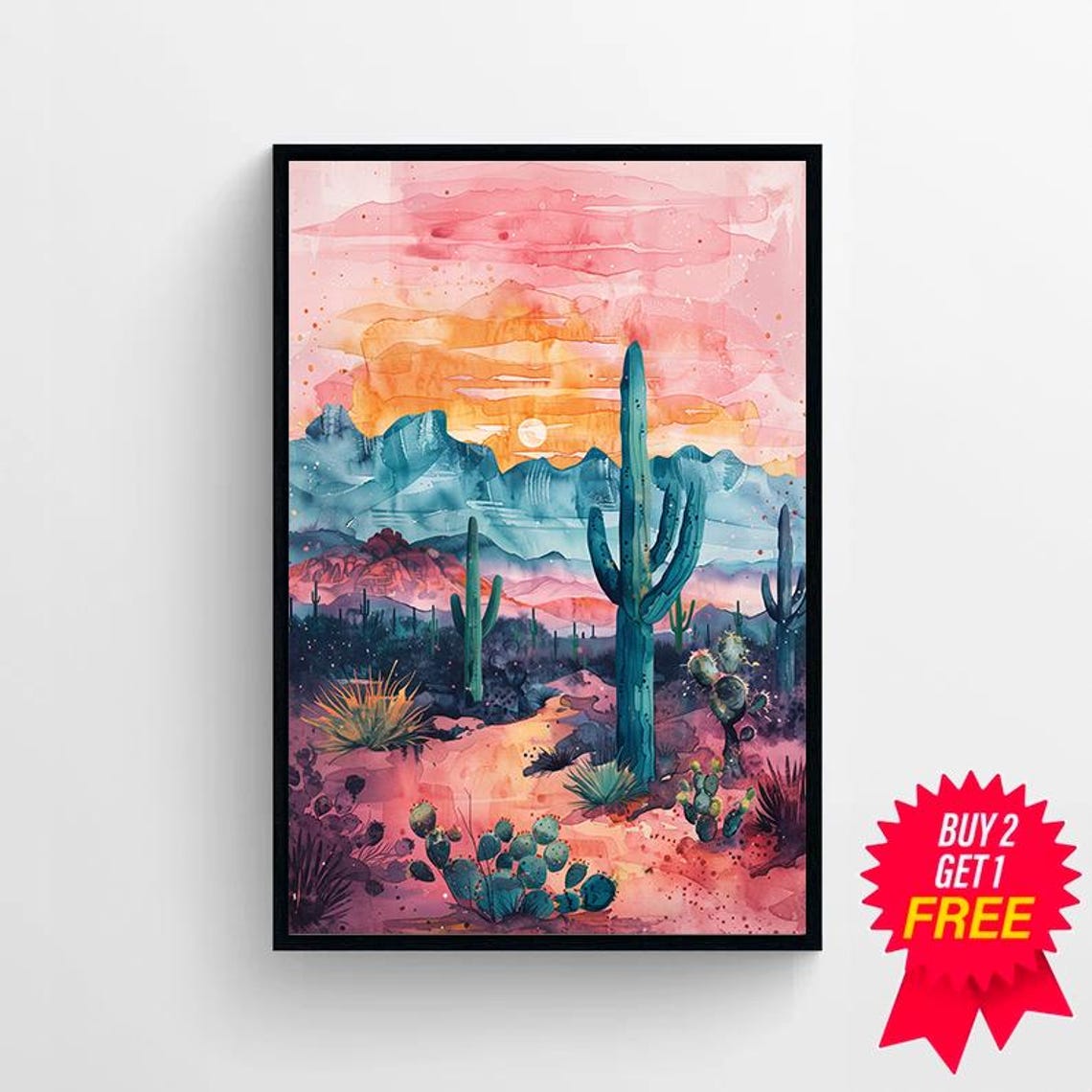 Desert Sunset Saguaro Cacti Teal And Pink Mountains Watercolor Poster - Image 4