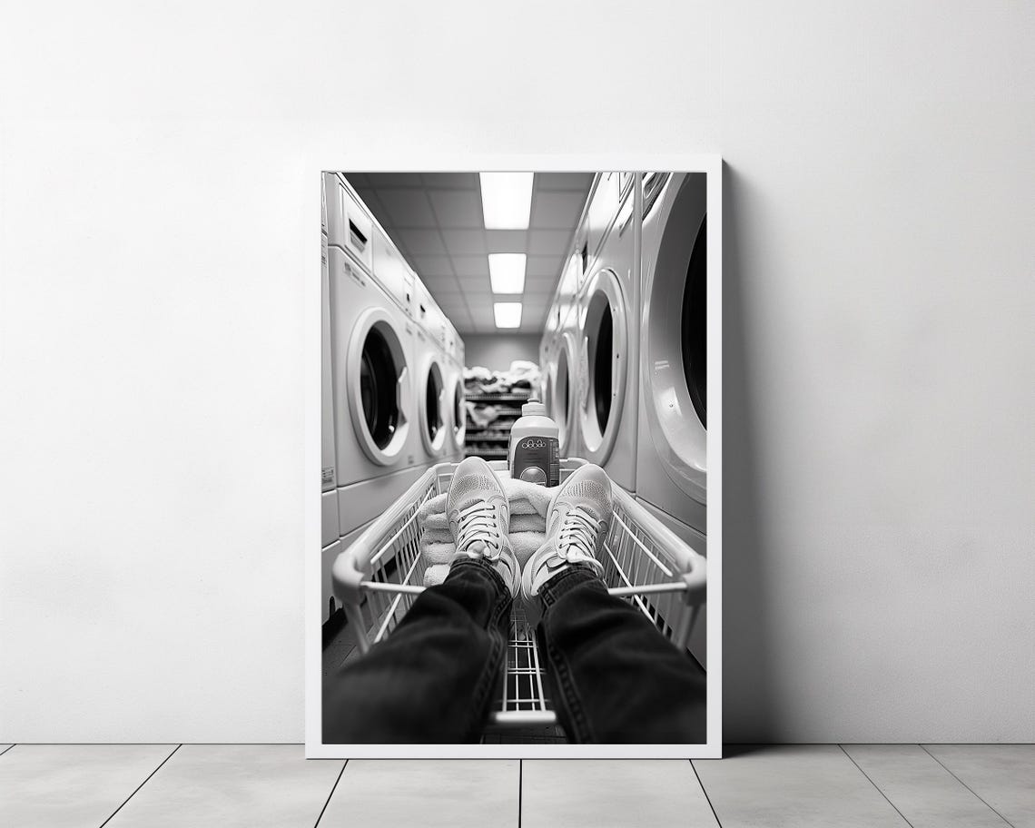 Black and White Funny Laundry Day Laundromat Relaxing Art Poster - Image 3