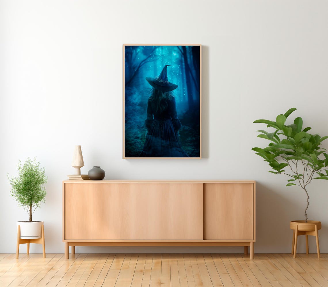 A Witch Walking Into A Glowing Blue Misty Forest Night Poster - Image 2