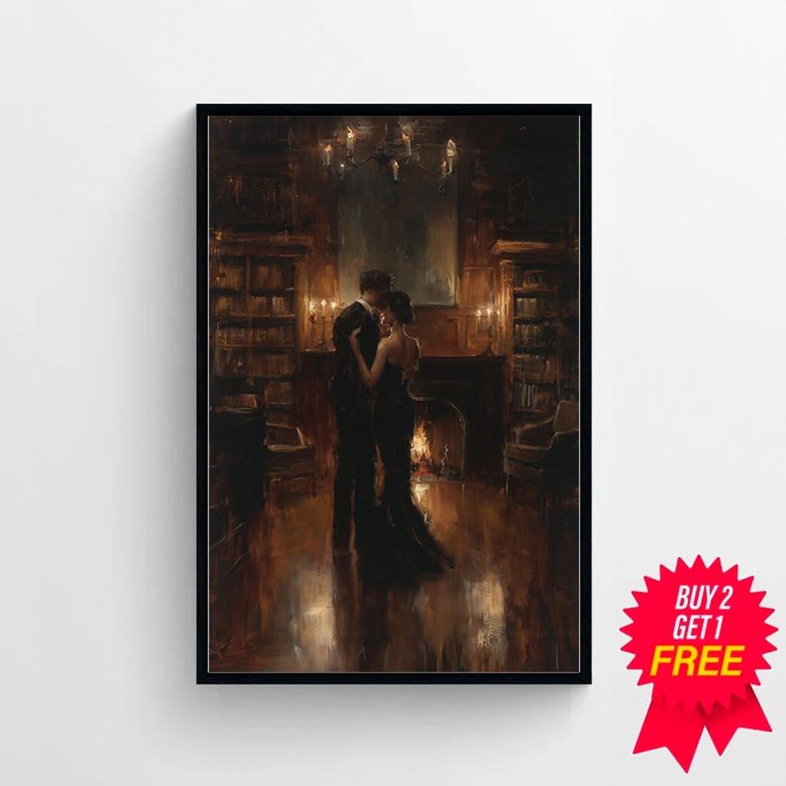 Couple Sharing a Kiss in a Candlelit Library Hall Dark Romance Poster - Image 4