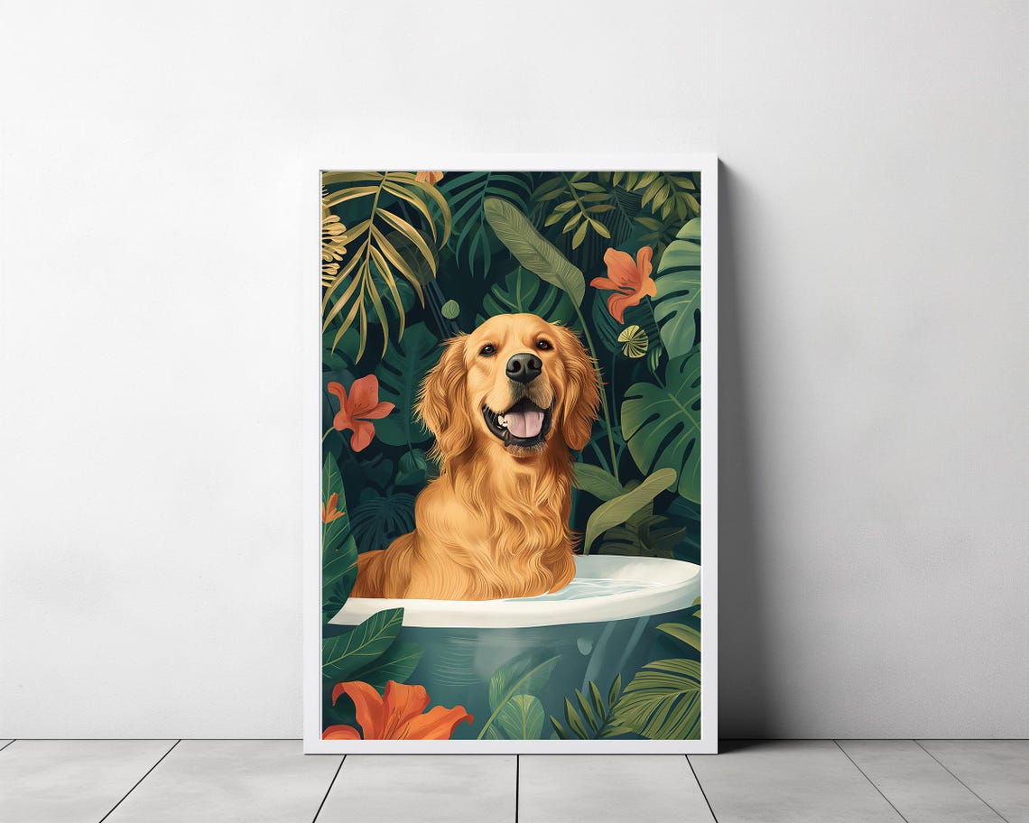 Grinning Golden Retriever Happy Bath Time Jungle Flower Poster - Image 3