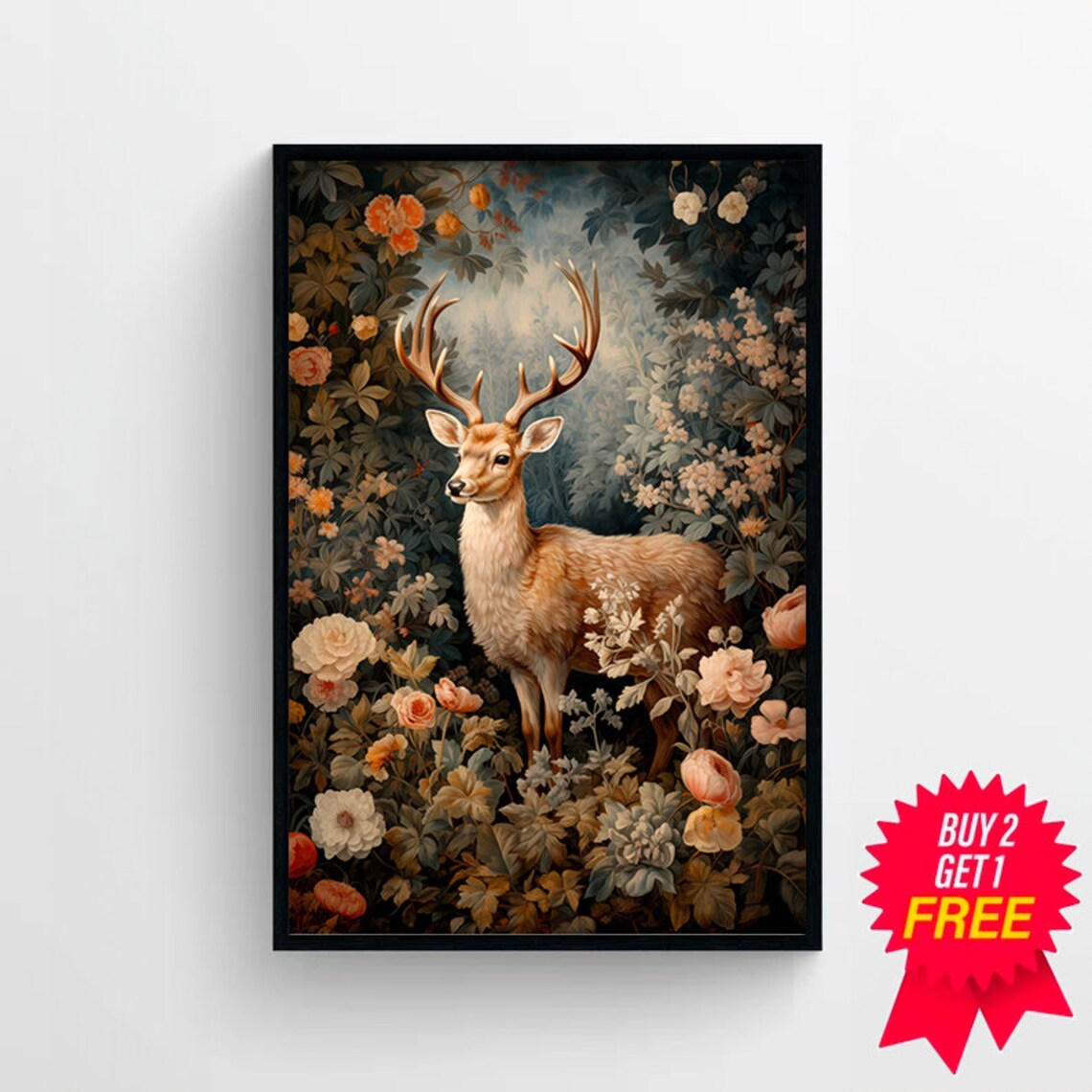 Majestic Stag Standing in Blooming Floral Woodland Nature Decor Art Poster - Image 4