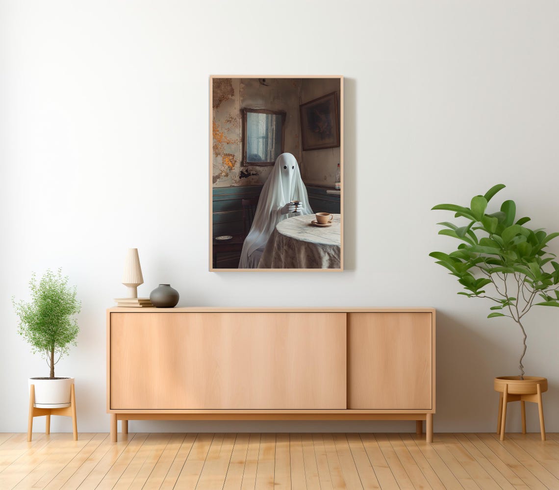 Lonely Sheet Ghost Drinking Coffee in Old Cafe Dark Academia Poster - Image 2