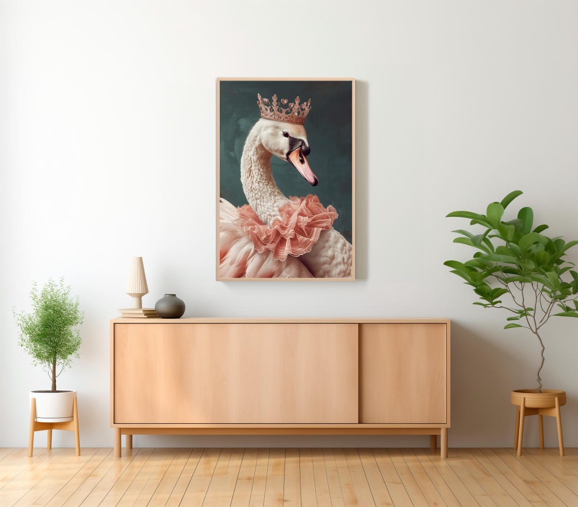 Elegant Crowned Swan with Pink Ruffle Collar Portrait Poster - Image 2