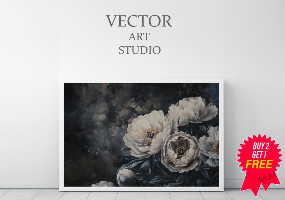 White Peonies Emerging Luminous From Dark Moody Floral Poster - Image 3