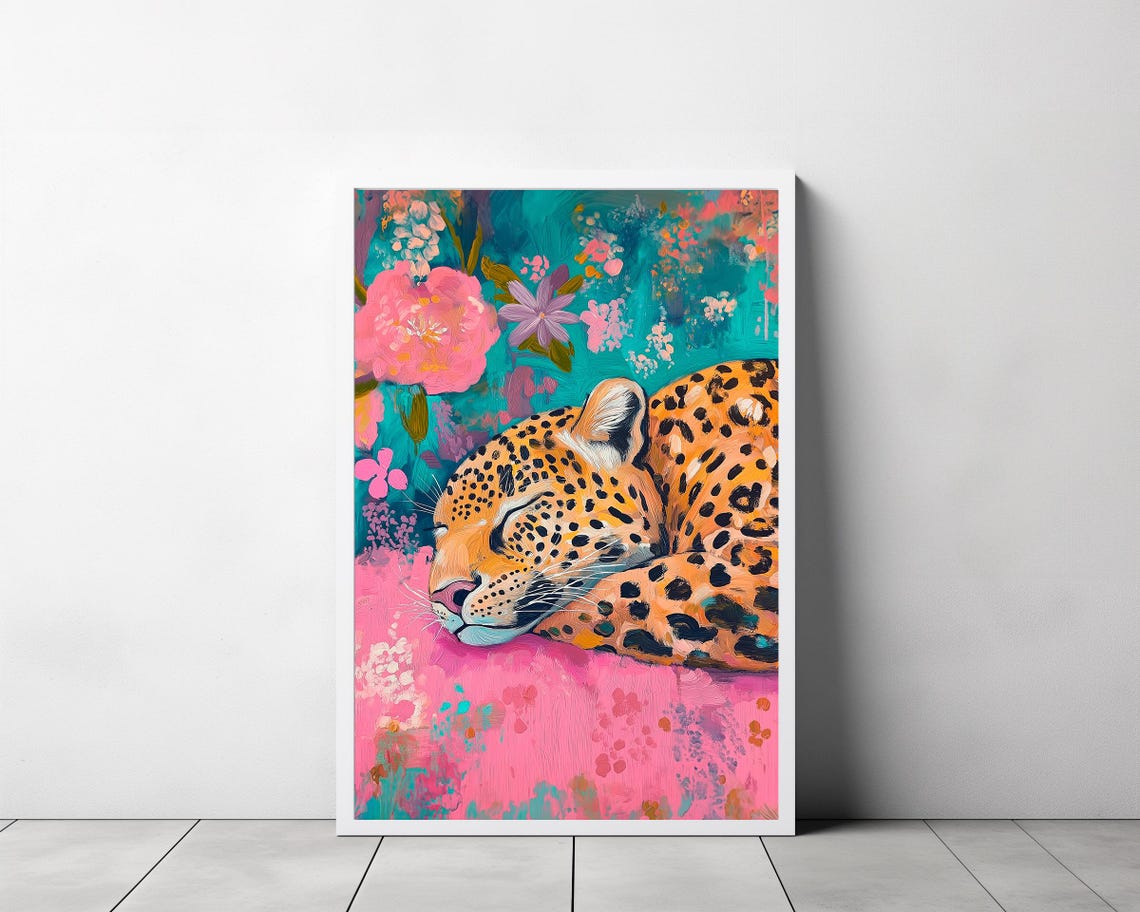 Wall Art Sleeping Leopard Maximalist Oil Painting Kitsch Wild Animal Eclectic Floral Print Bold Pink Dopamine Bedroom Poster - Image 3