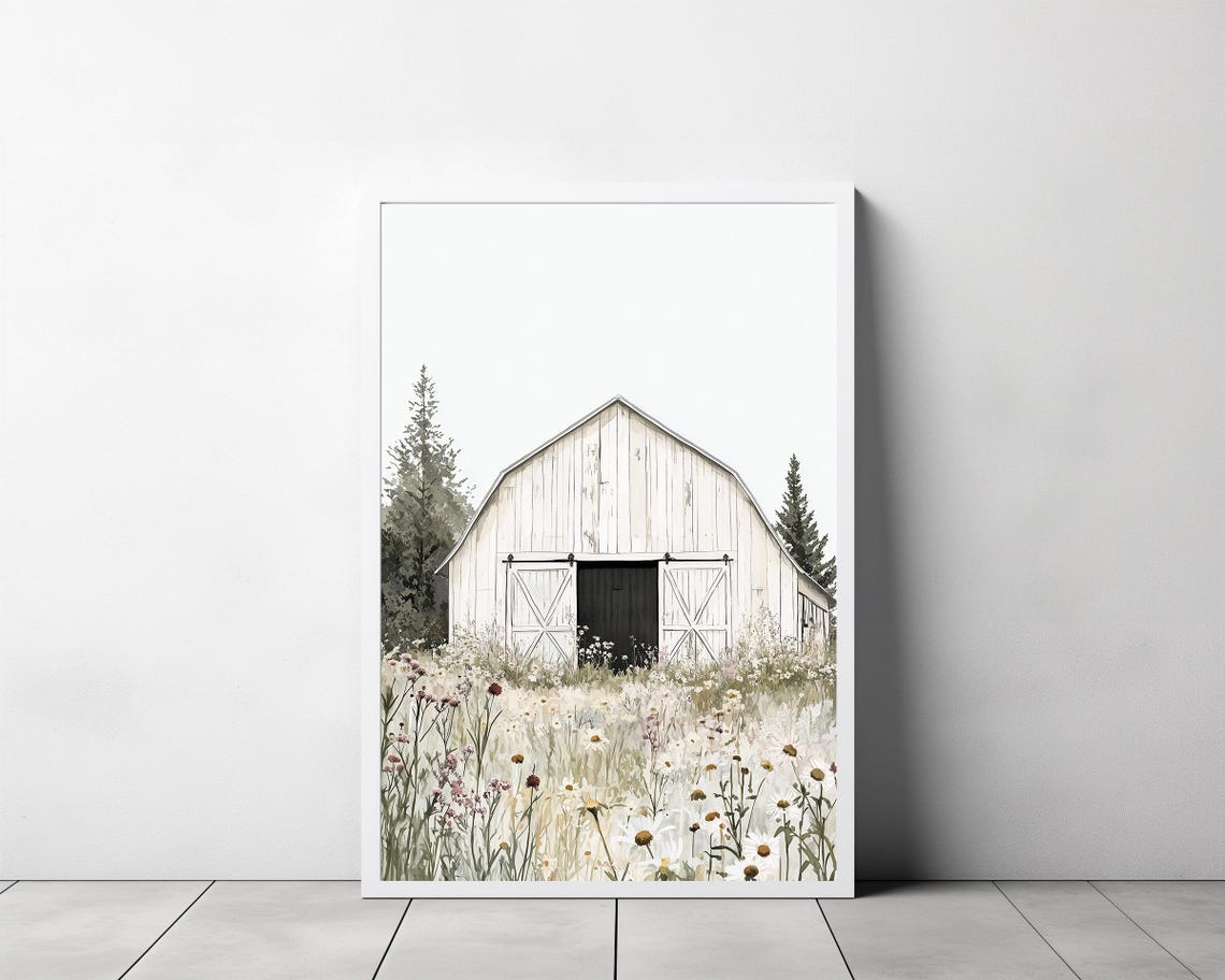 White Wooden Barn Surrounded by a Wildflower Meadow Farmhouse Poster - Image 3