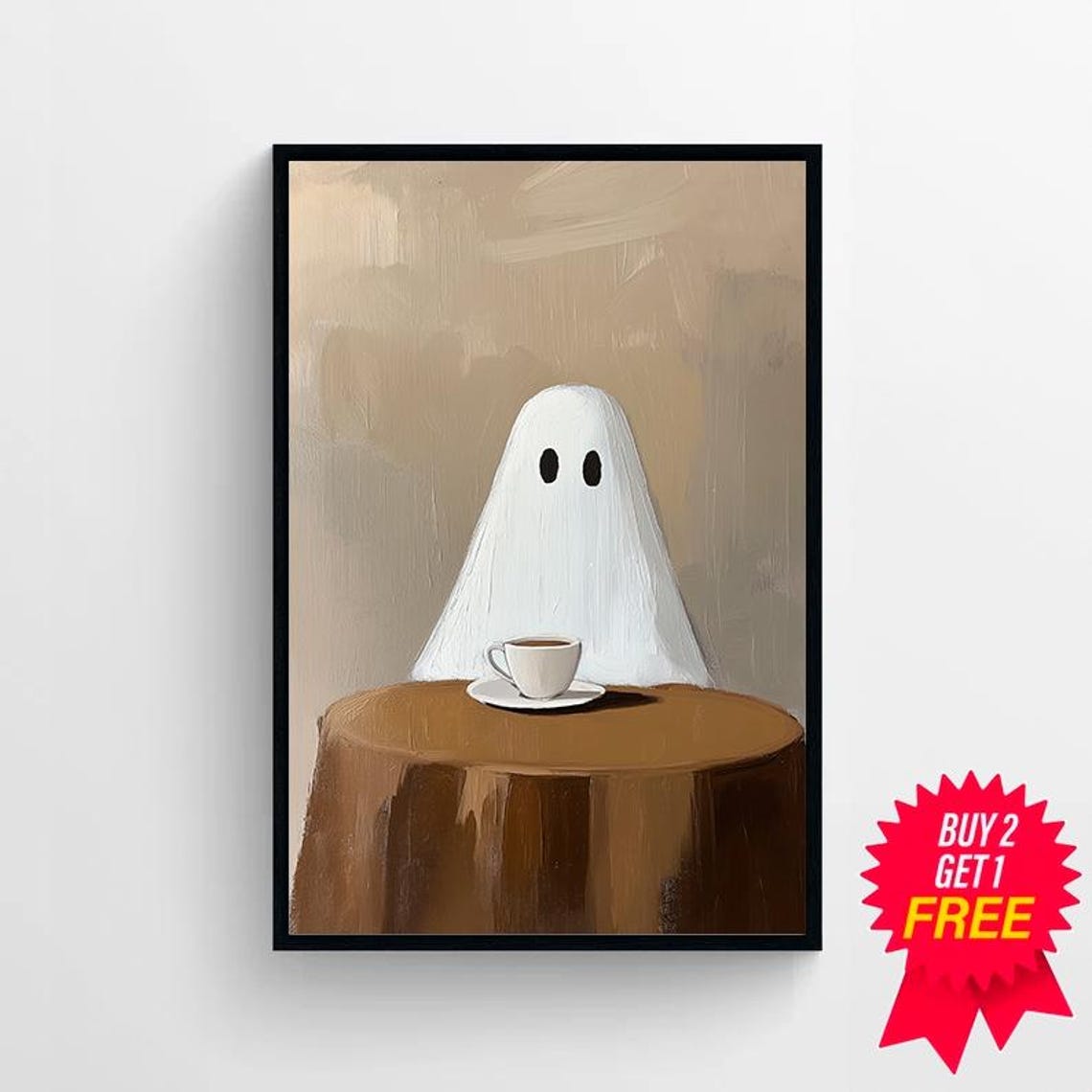 Cute Ghost with Coffee Cup Painting Halloween Whimsical Poster - Image 4
