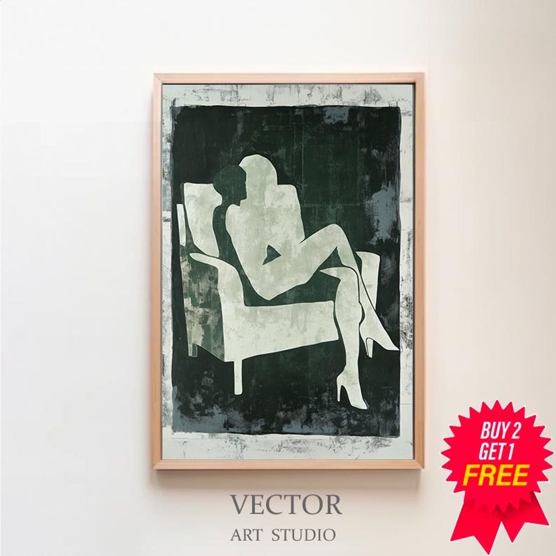 Pale Abstract Seated Figure in Armchair on Dark Green Canvas Poster