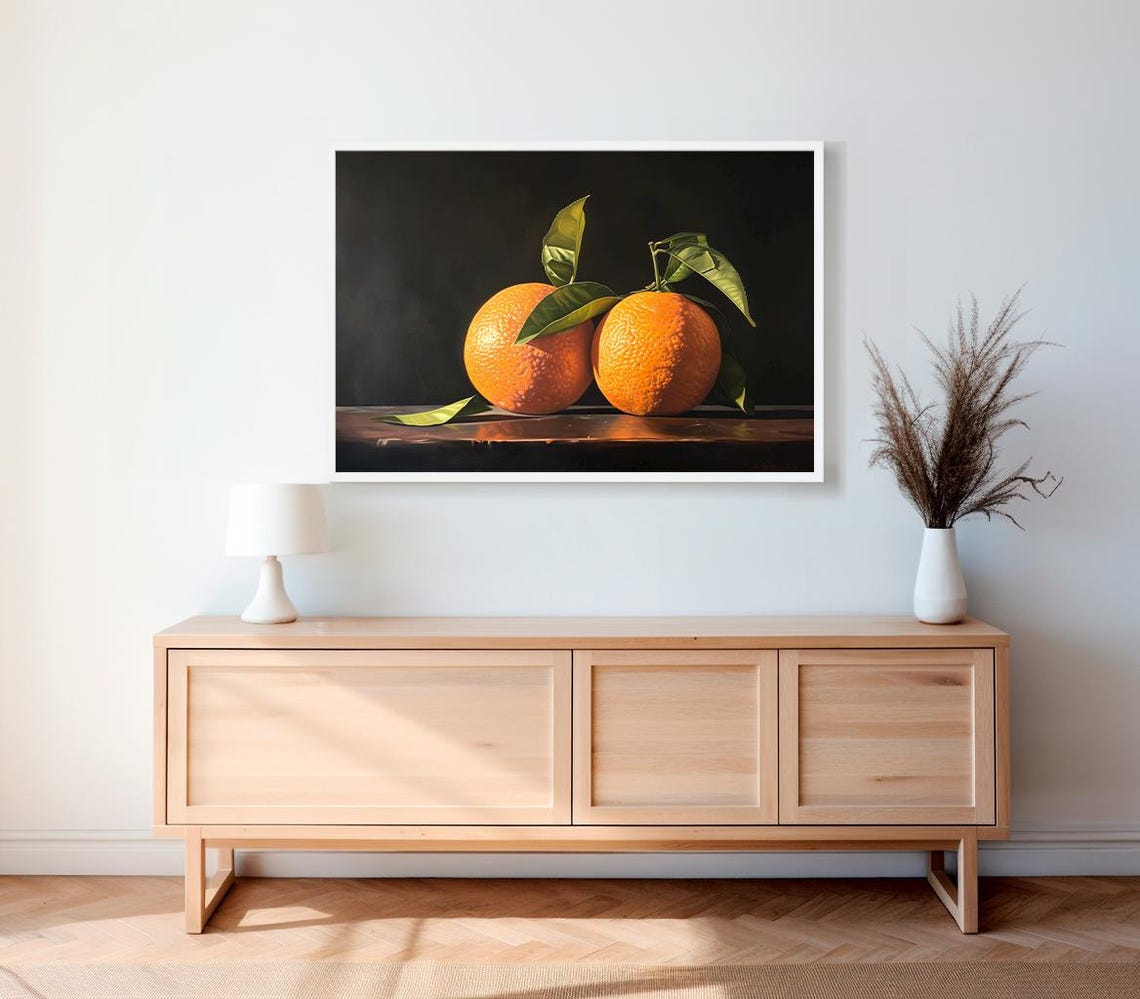 Moody Still Life Painting of Two Ripe Oranges with Leaves Poster - Image 2