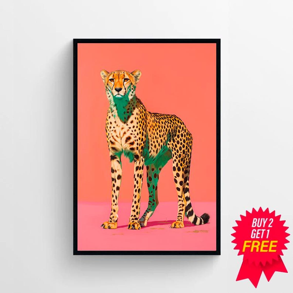 Pop Art Cheetah Standing Tall On Coral Pink Background Poster - Image 4