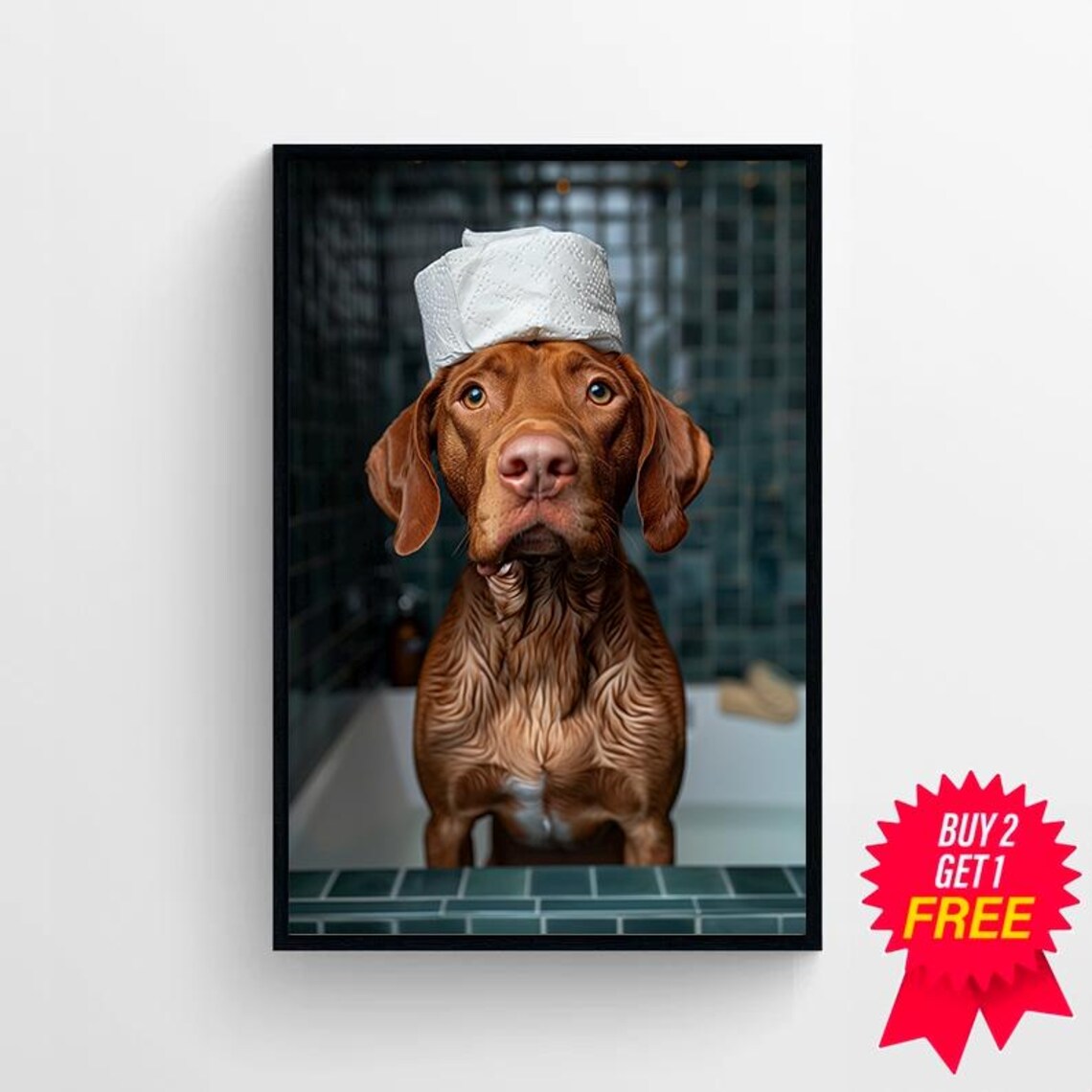 Funny Wet Vizsla in Shower with Toilet Paper Turban Bathroom Poster - Image 4