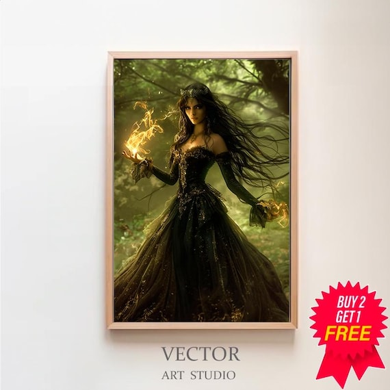Dark Enchantress Holding Fire In Enchanted Forest Fantasy Poster