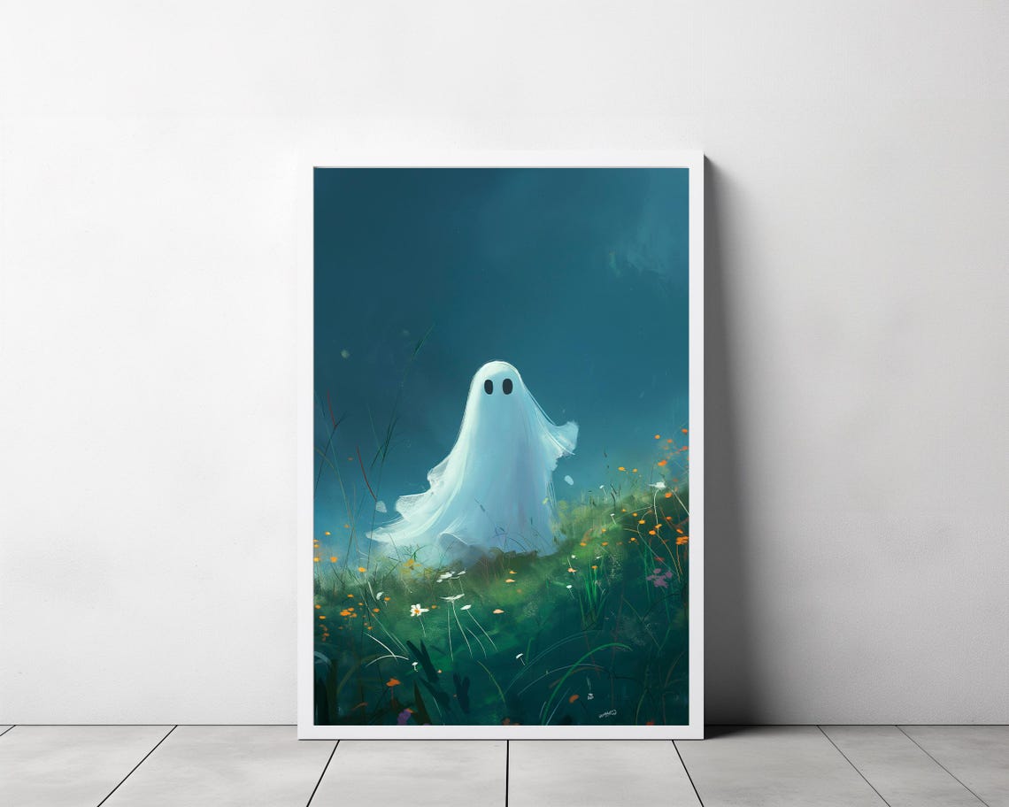 Cute Ghost Floating Above A Blooming Wildflower Meadow Night Poster - Image 3