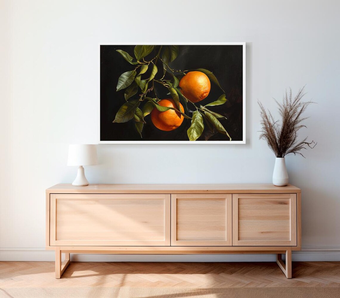Two Ripe Oranges on Leafy Branch Moody Dark Still Life Poster - Image 2
