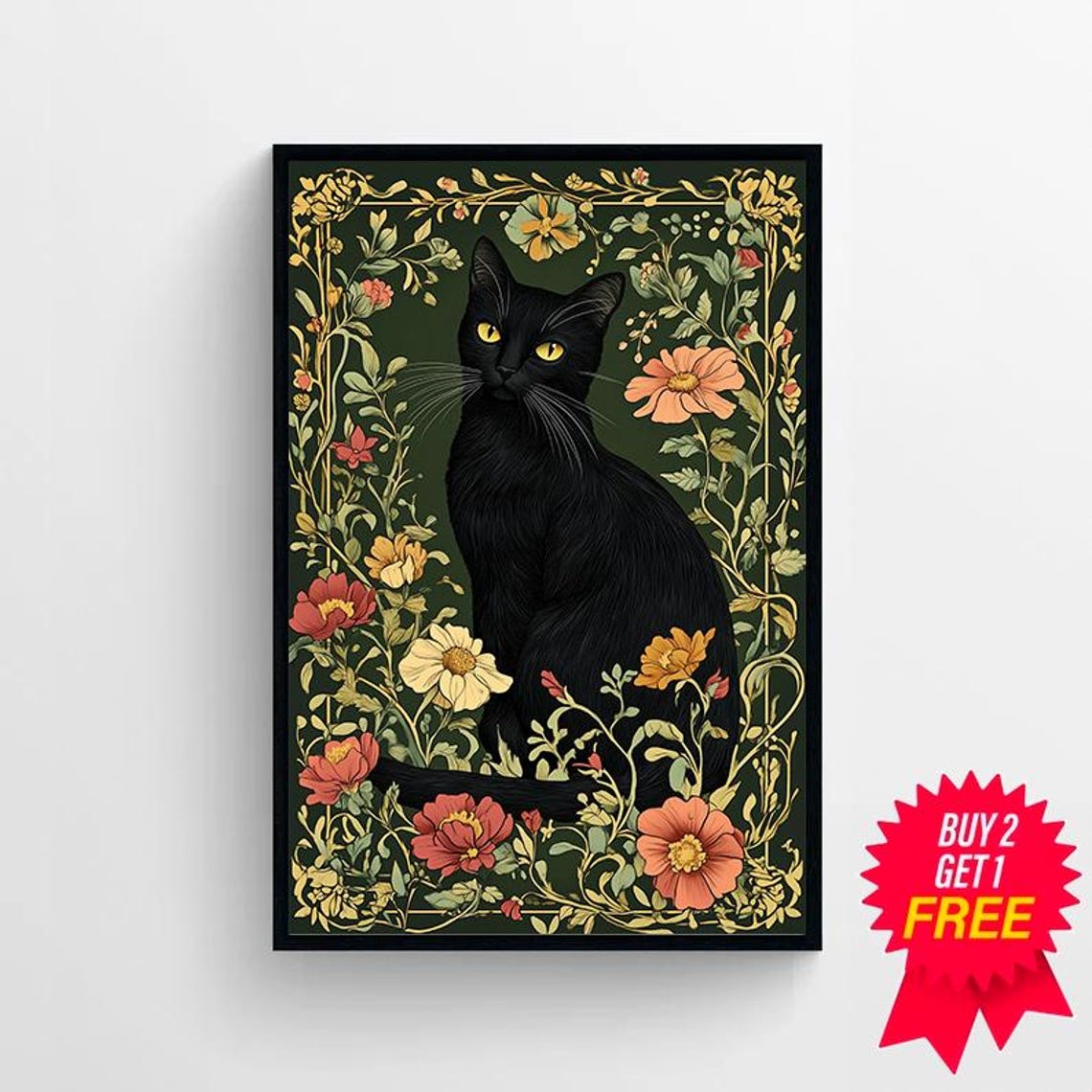 Black Cat in William Morris Style Botanical Garden Art Poster - Image 4