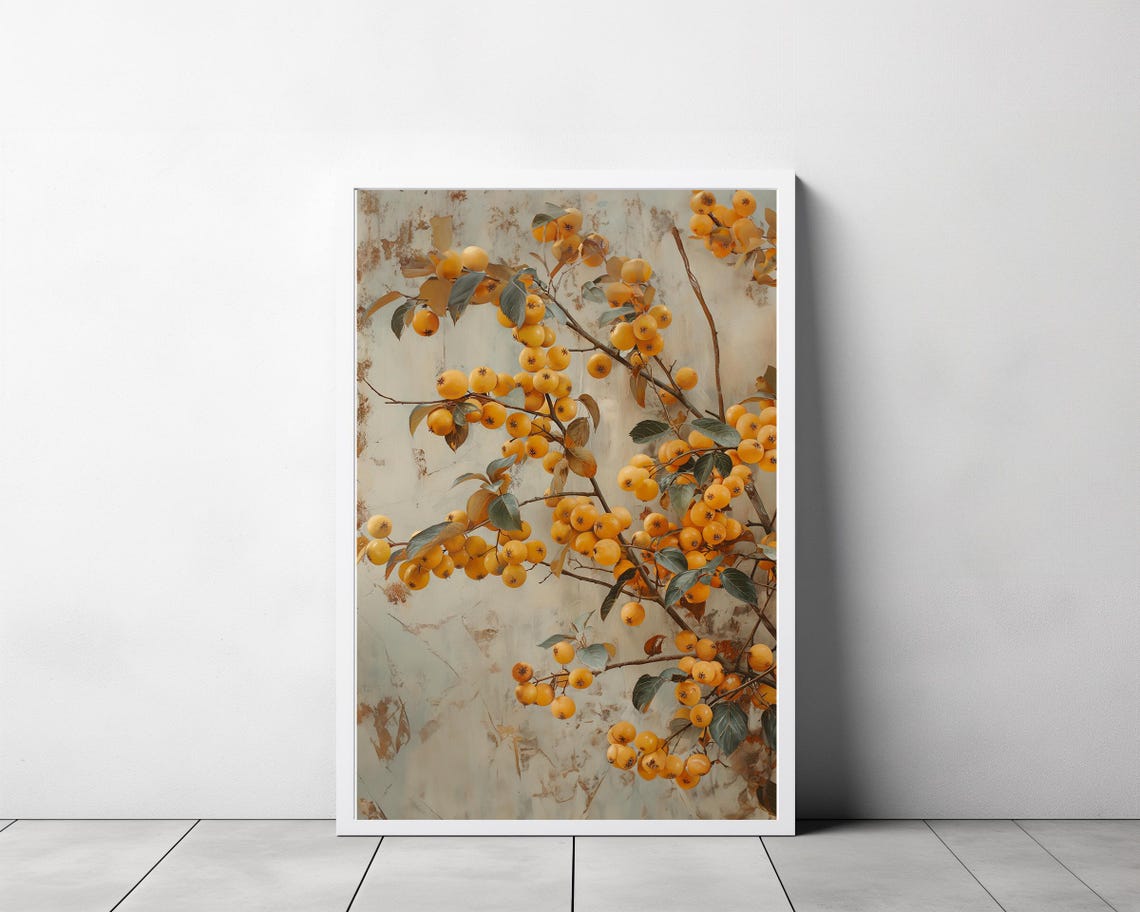 Golden Berry Branches Vintage Still Life on Aged Plaster Poster - Image 3