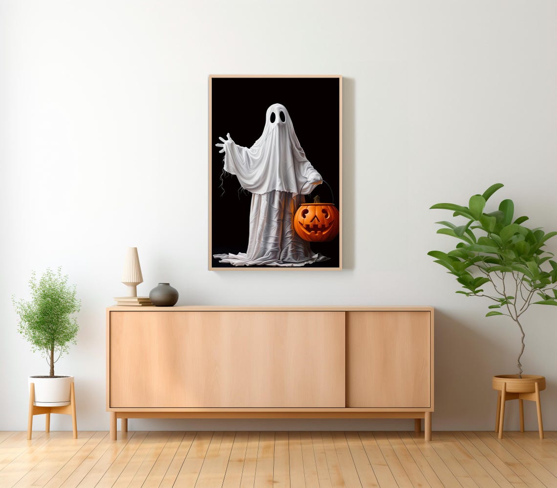 Tall White Ghost with Pumpkin Bucket Arm Raised Dark Art Poster - Image 2