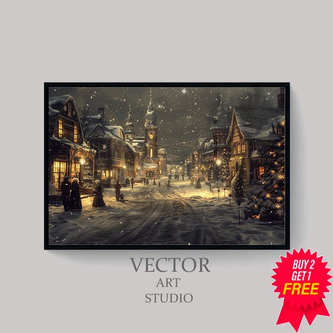Snowy Village Street Glowing With Lights Under Starry Night Sky Poster - Image 4
