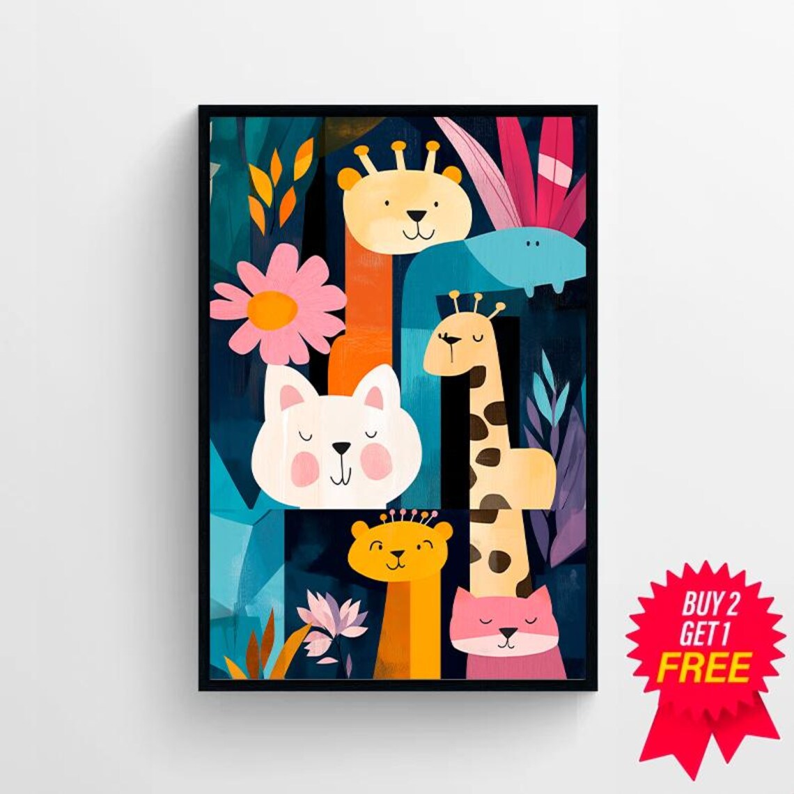 Colorful Safari Animal Faces Lion Giraffe Kids Nursery Poster - Image 4