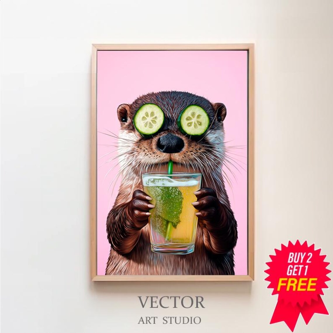 Otter with Cucumber Spa Eyes Drinking a Cocktail Pink Funny Animal Poster