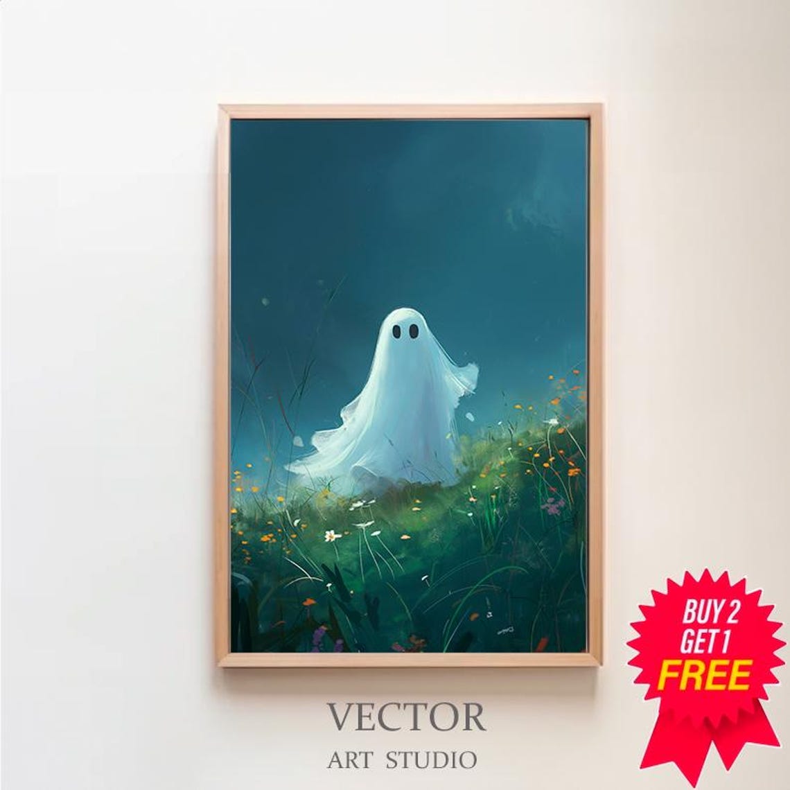 Cute Ghost Floating Above A Blooming Wildflower Meadow Night Poster