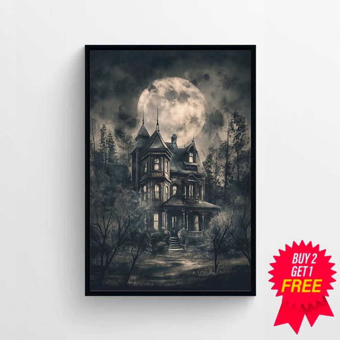 Victorian Haunted House Under Moonlight Vintage Halloween Poster - Image 4