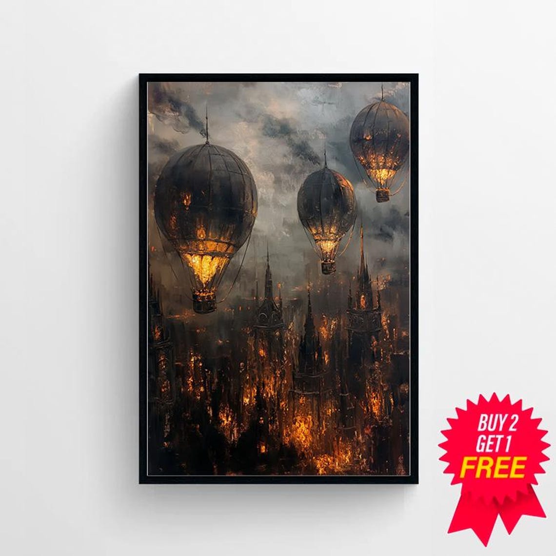 Glowing Steampunk Hot Air Balloons Over Burning Gothic City Poster - Image 4