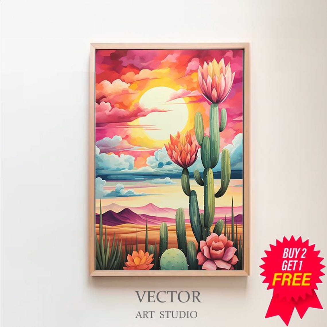 Vibrant Pink Sunset Desert with Blooming Saguaro Cactus Poster