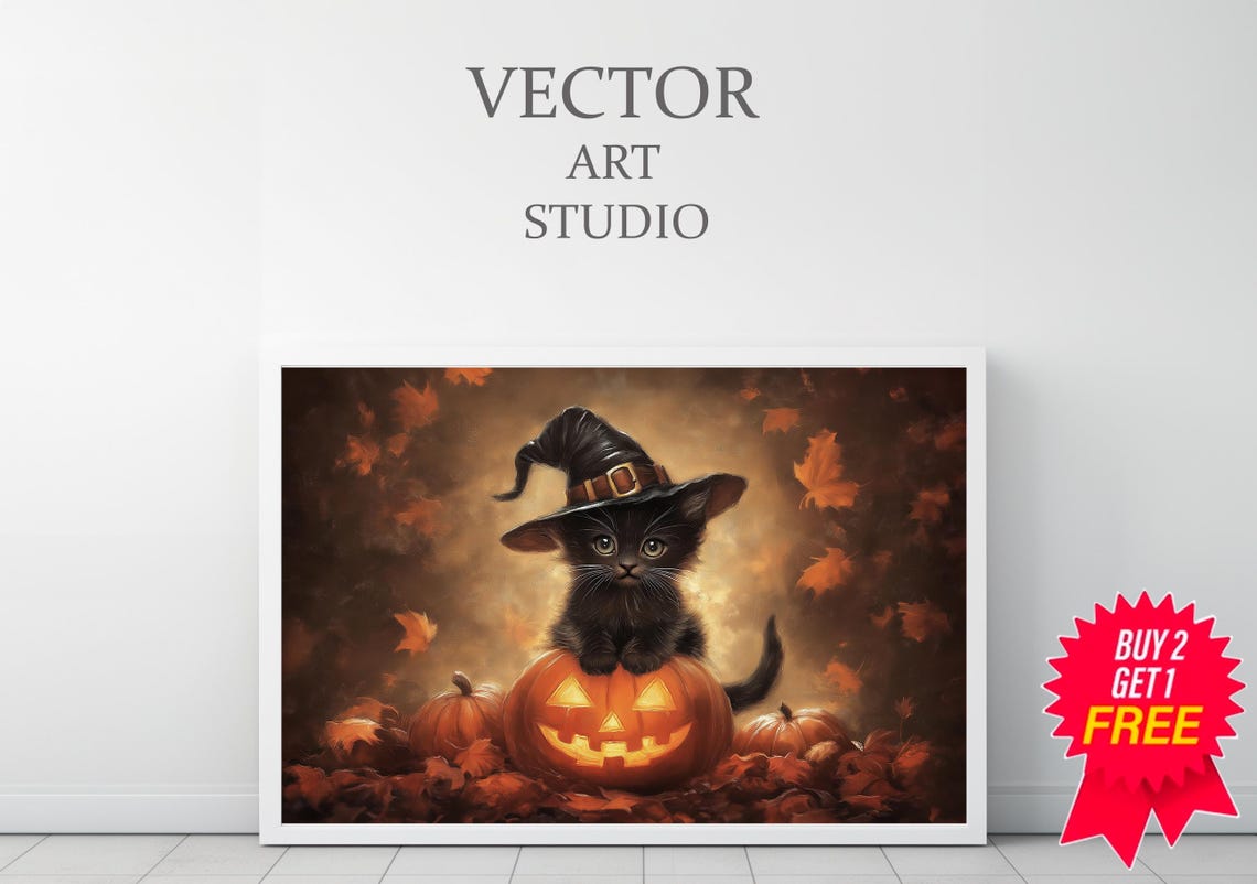 Black Kitten in Witch Hat on Jack-O-Lantern Halloween Poster - Image 3