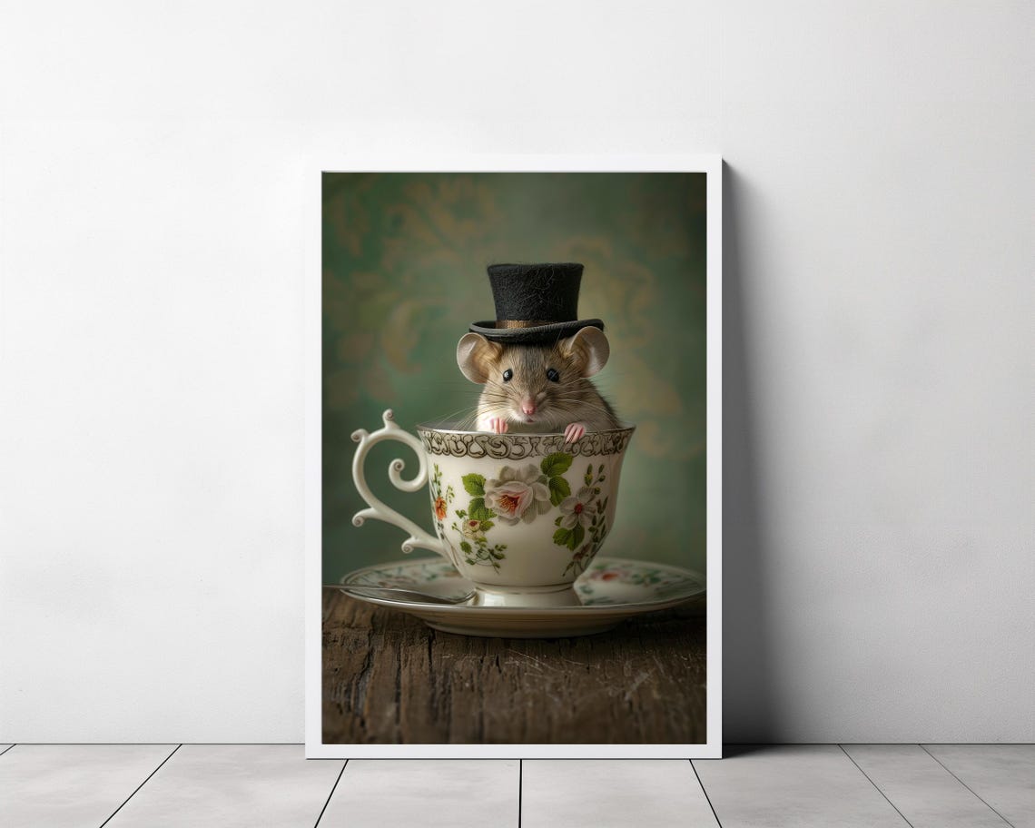 Cute Mouse In A Tiny Top Hat Sitting In A Floral Teacup Wall Art - Image 3