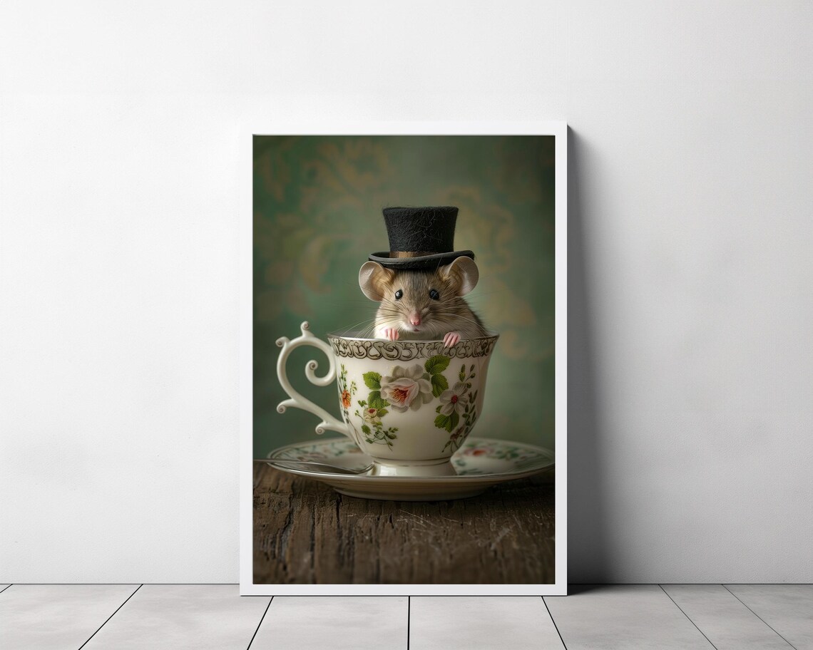 Mouse In A Tea Cup Oil Painting Mouse In Top Hat Mouse Decor Funny Kitchen Wall Art Dark Humor Whimsical Art Funny Animal Art - Image 3
