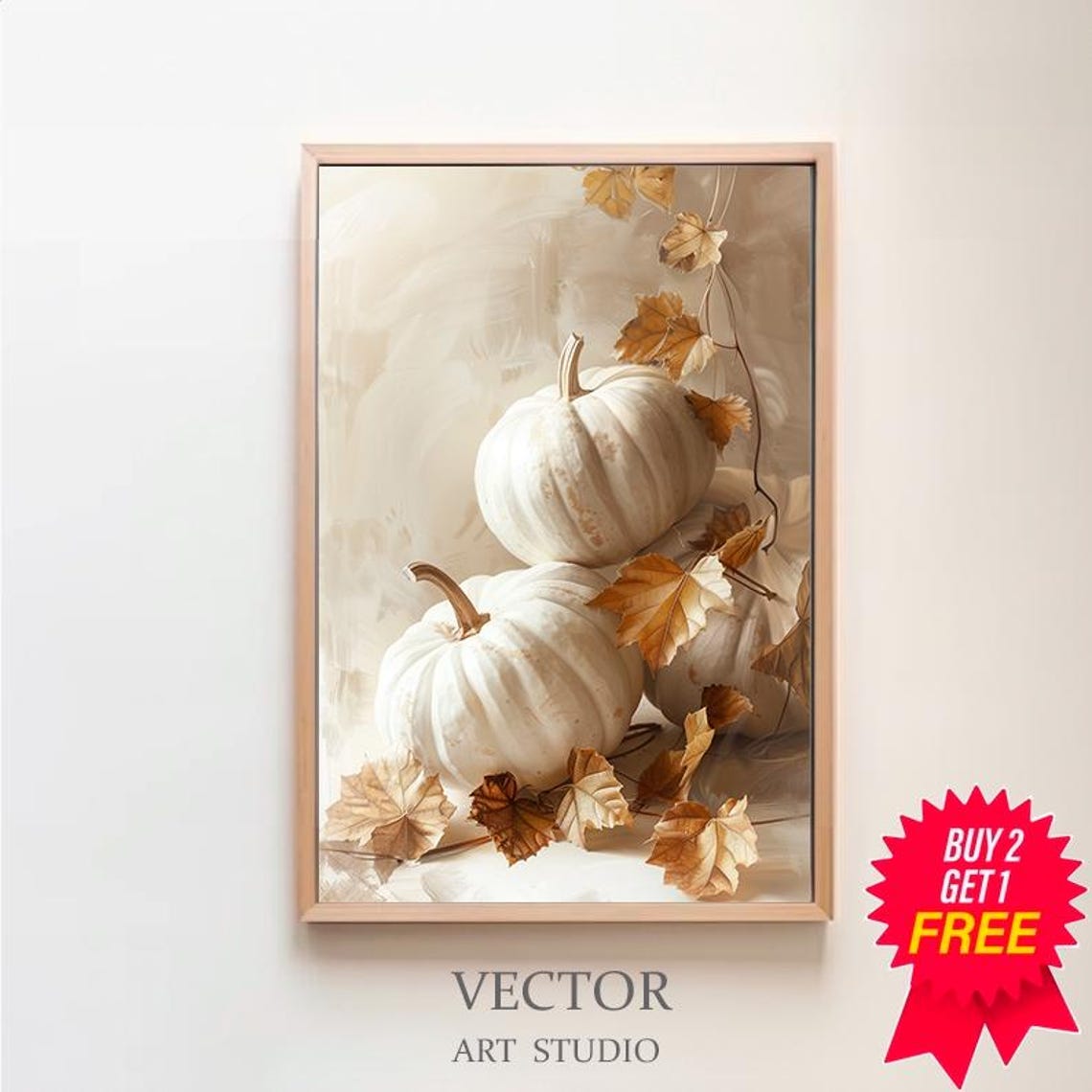 White Pumpkins And Golden Leaves Neutral Fall Harvest Art Poster