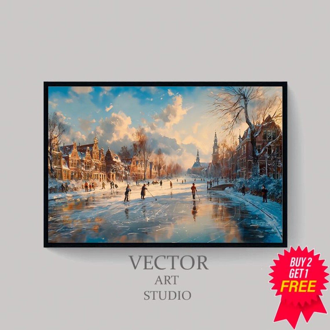 Sunset Canal Ice Skaters Dutch Town Winter Street Scene Poster - Image 4