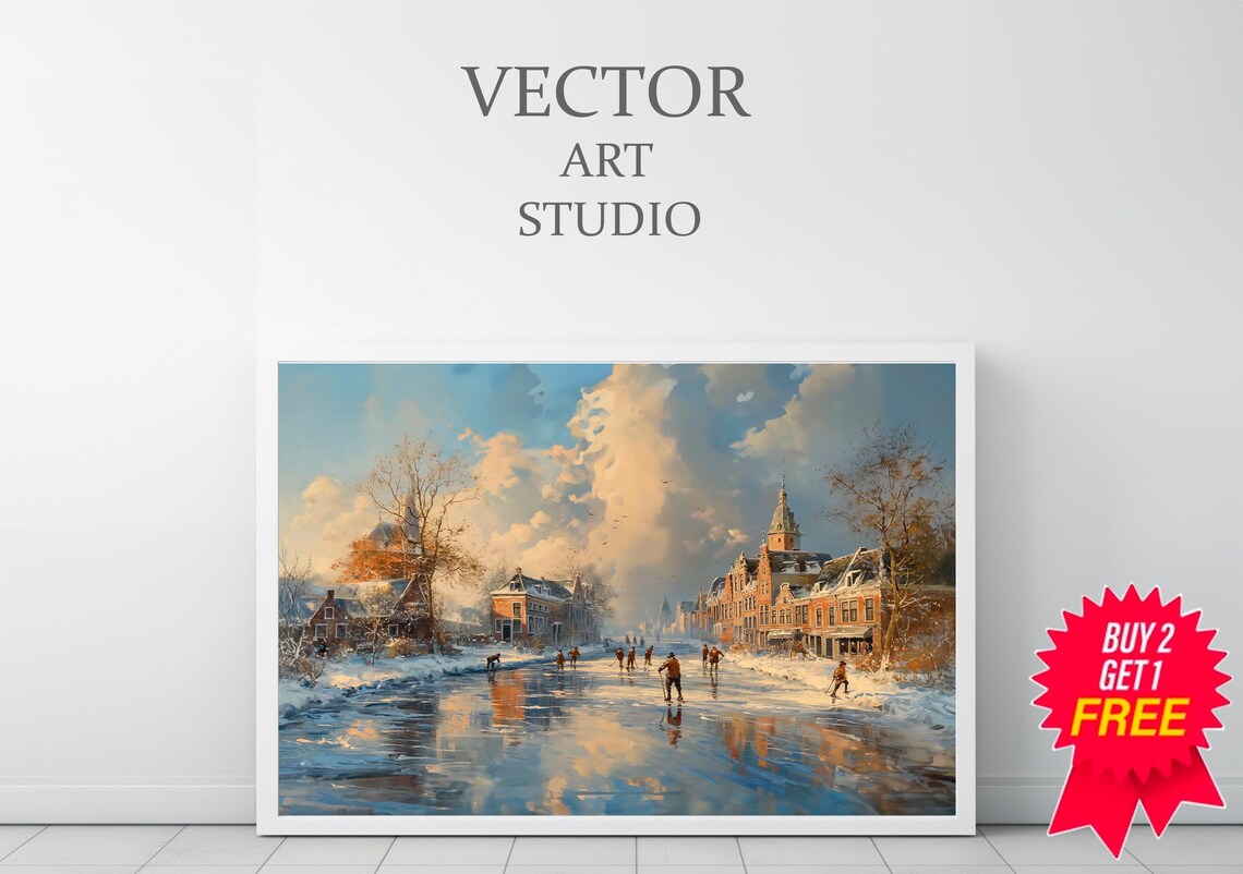 Dutch Canal Ice Skaters Winter Village Town Street Scene Poster - Image 3