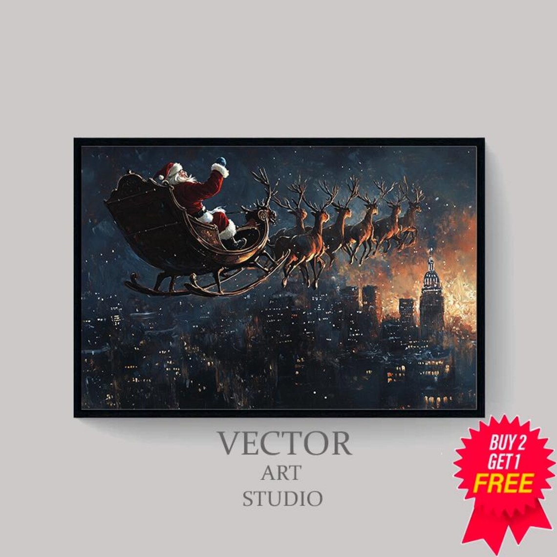 Santa Sleigh Flying Over Night City Vintage Christmas Art Poster - Image 4